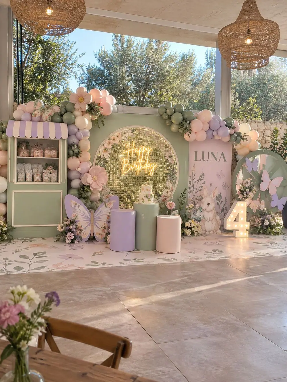 Butterfly Garden birthday decoration, Package 4 (8 m wide) setup